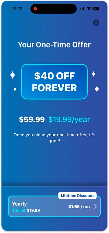 Bend one-time offer of $40 off the yearly plan, shown after the first paywall is closed