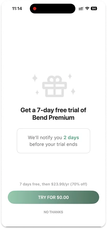 Bend free trial offer shown straight after completing a workout