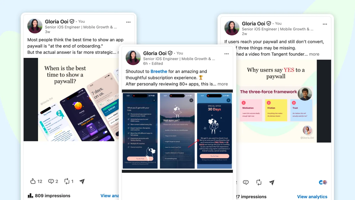 Three of Gloria's LinkedIn posts breaking down app paywalls and subscription offers