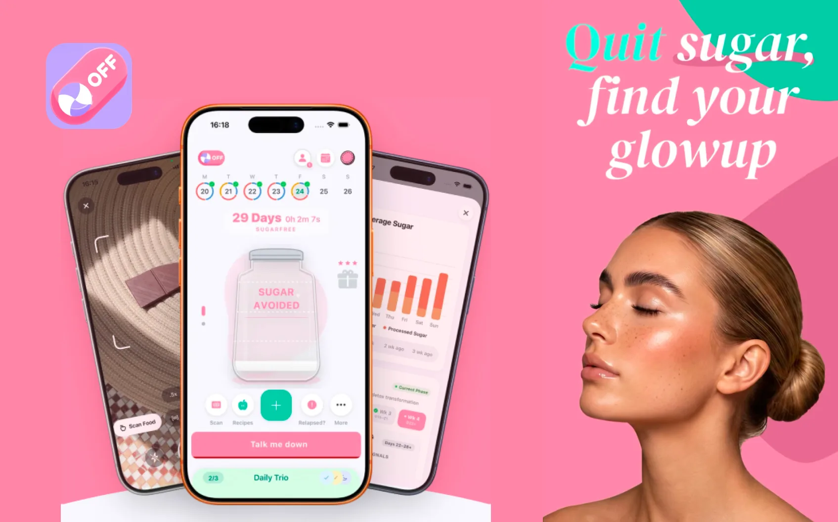Sweet Off app screens showing the sugar-free streak tracker, food scanner and sugar intake chart